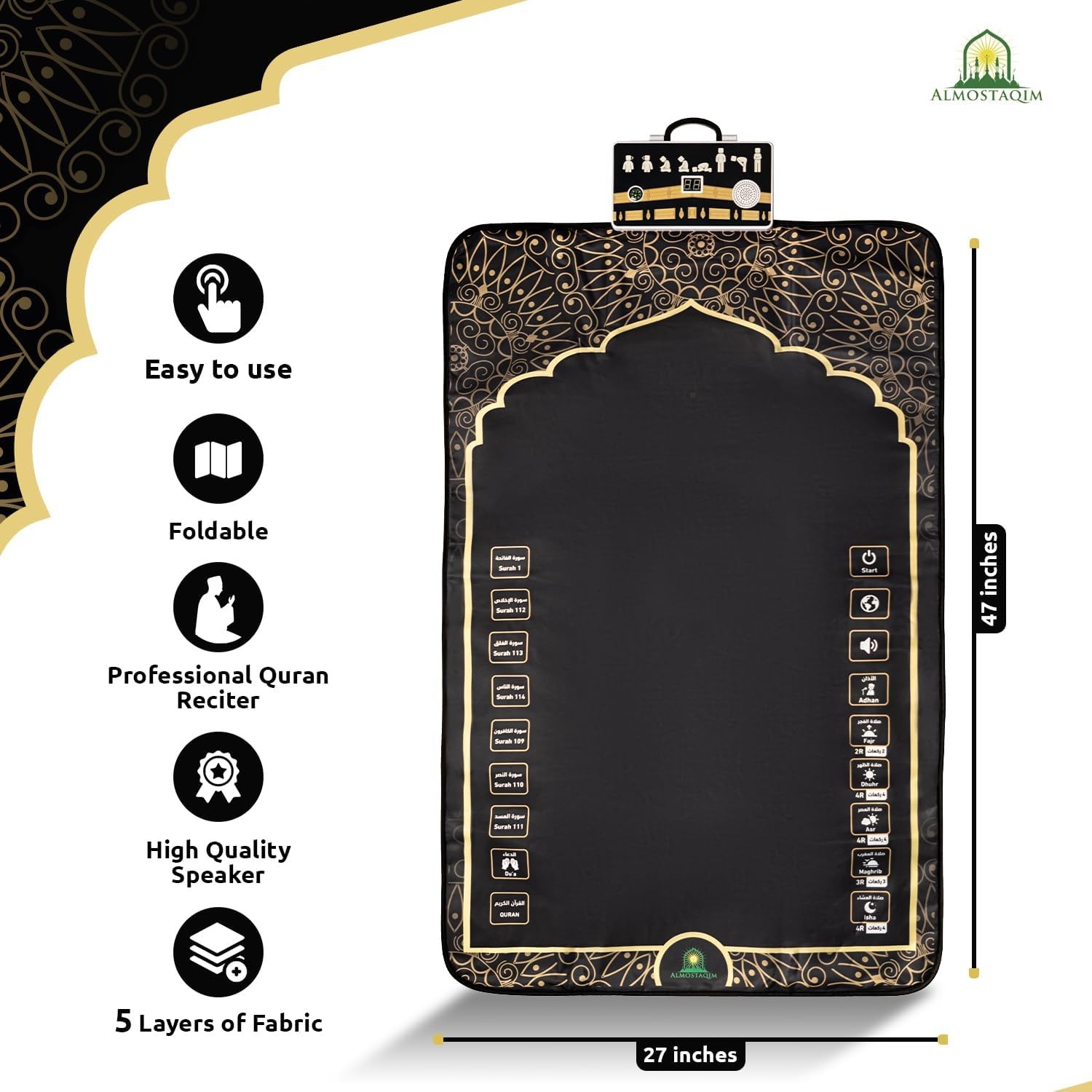 ALMOSTAQIM Educational Prayer Mat for Teens 2'3" x 3'11" (Rectangular), Black