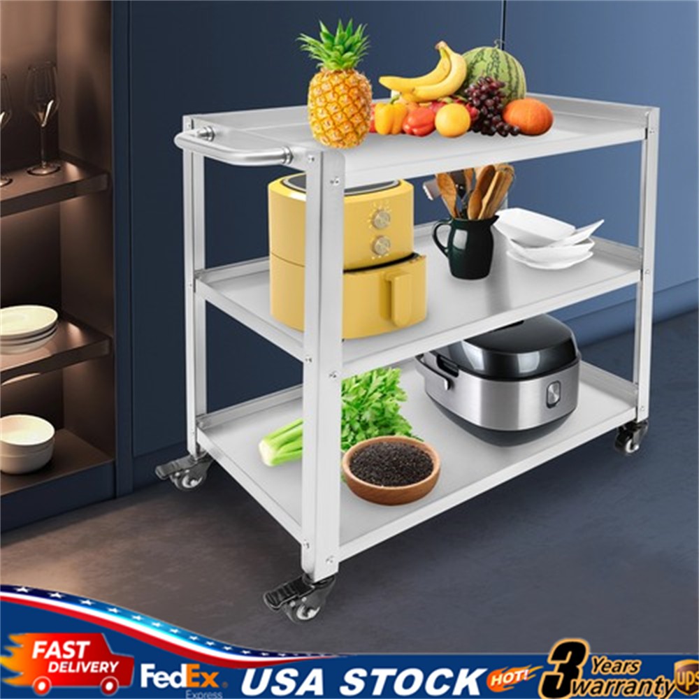 3-Shelf Utility Cart Stainless Steel Kitchen Cart Serving Storage Rolling Cart