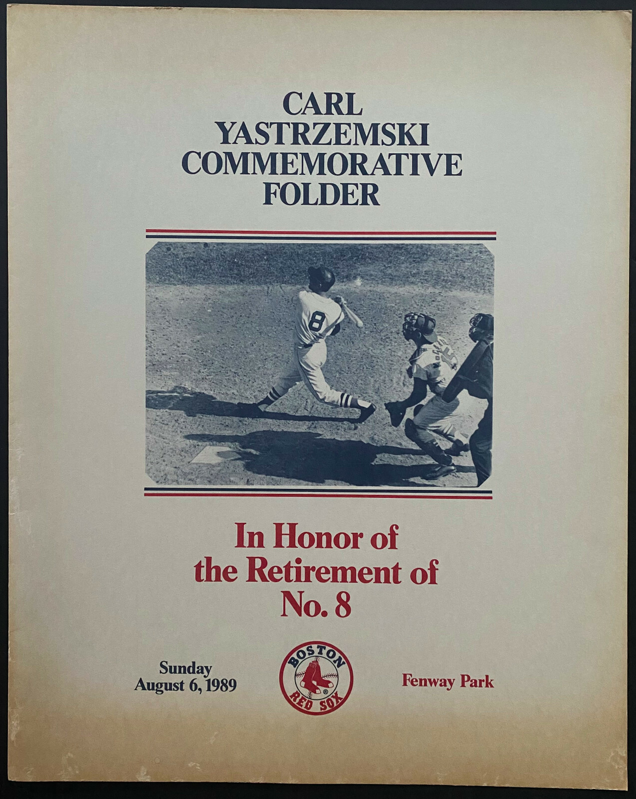 1989 Carl Yastrzemski Commemorative Folder 4 Page Foldout MLB No. 8 Retirement
