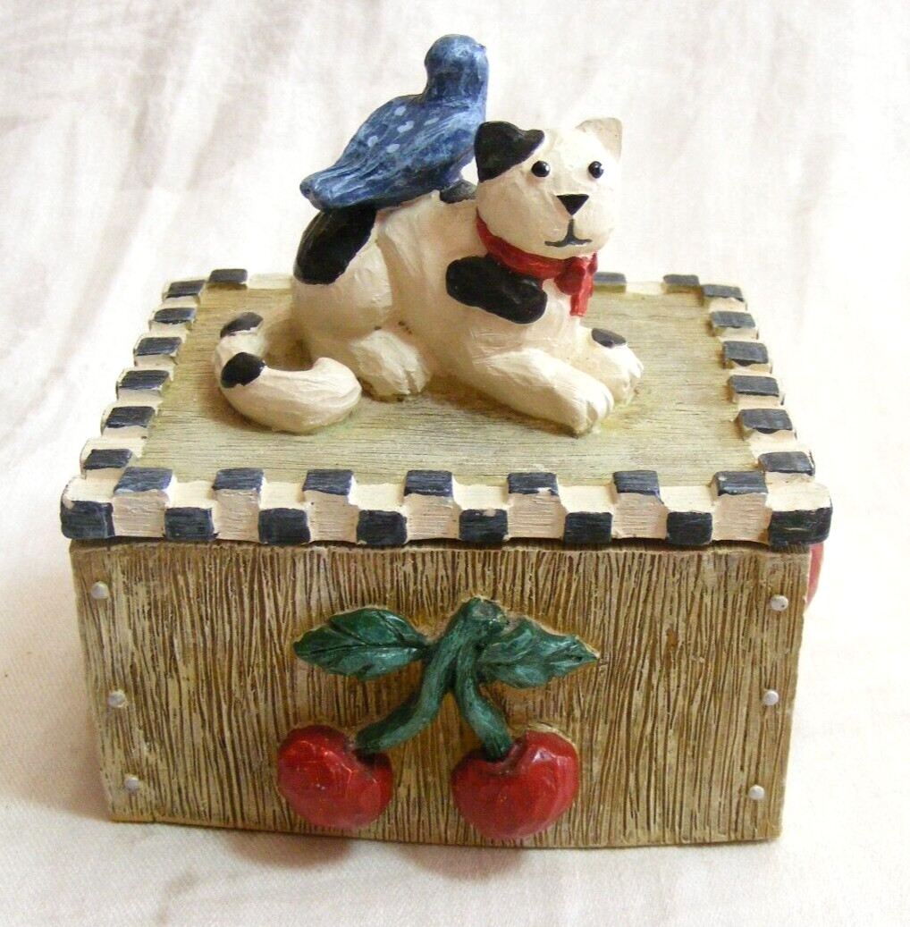 Vintage Wooden Decorative Trinket Box Bird Resting on a Cat 4-c