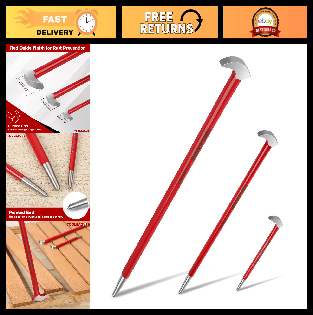 3Pcs Heavy Duty Rolling Head Pry Bar Set - 6", 12", 16" Hand Tools for Garage &