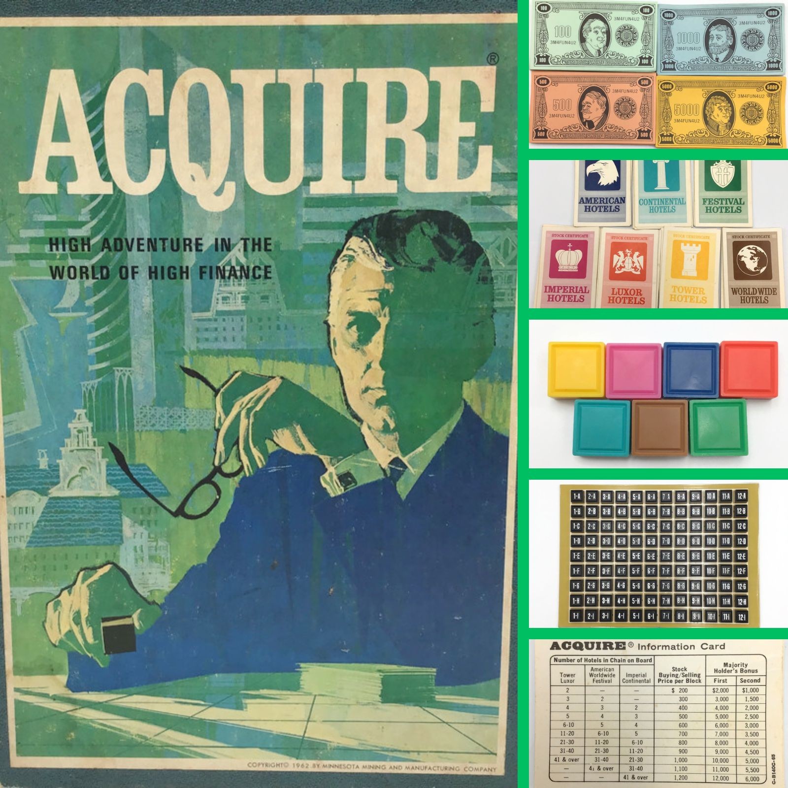 1963 Acquire Finance Game Replacement U PICK Piece Cards Tiles Hotel Money Cash