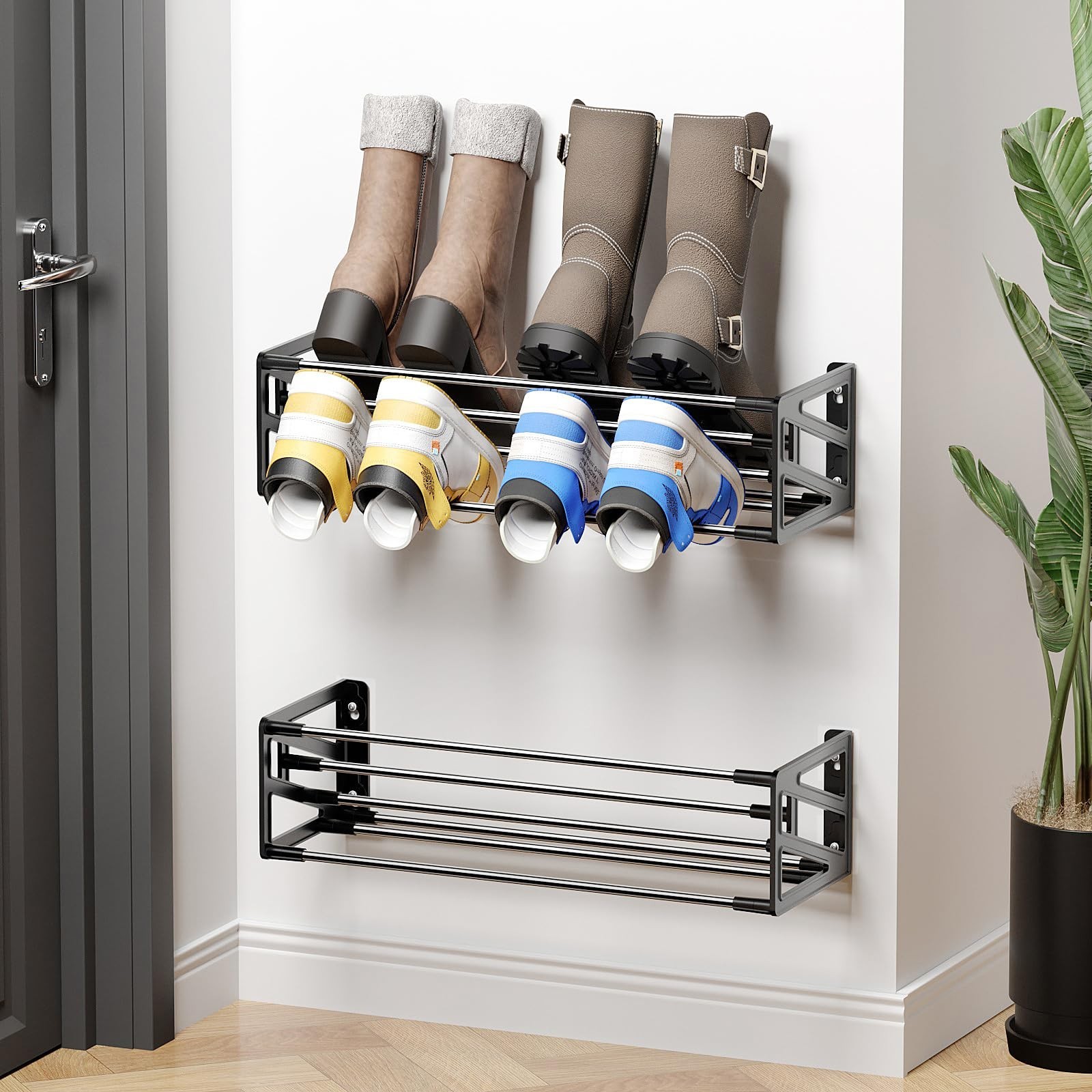 2 Pack Wall Shoe Rack,Hanging Shoe Storage Holds 8 Pairs of Shoes Over The Do...