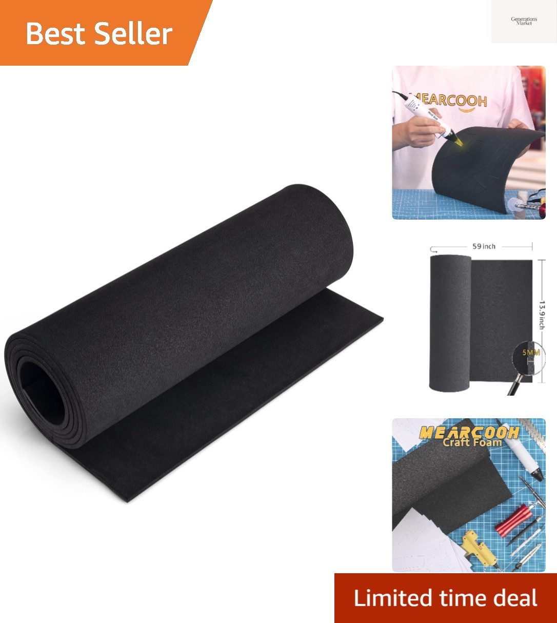 Black Foam Sheets Roll,  Large EVA Foam Sheet 13.9" x 59",5mm Thick, Density ...
