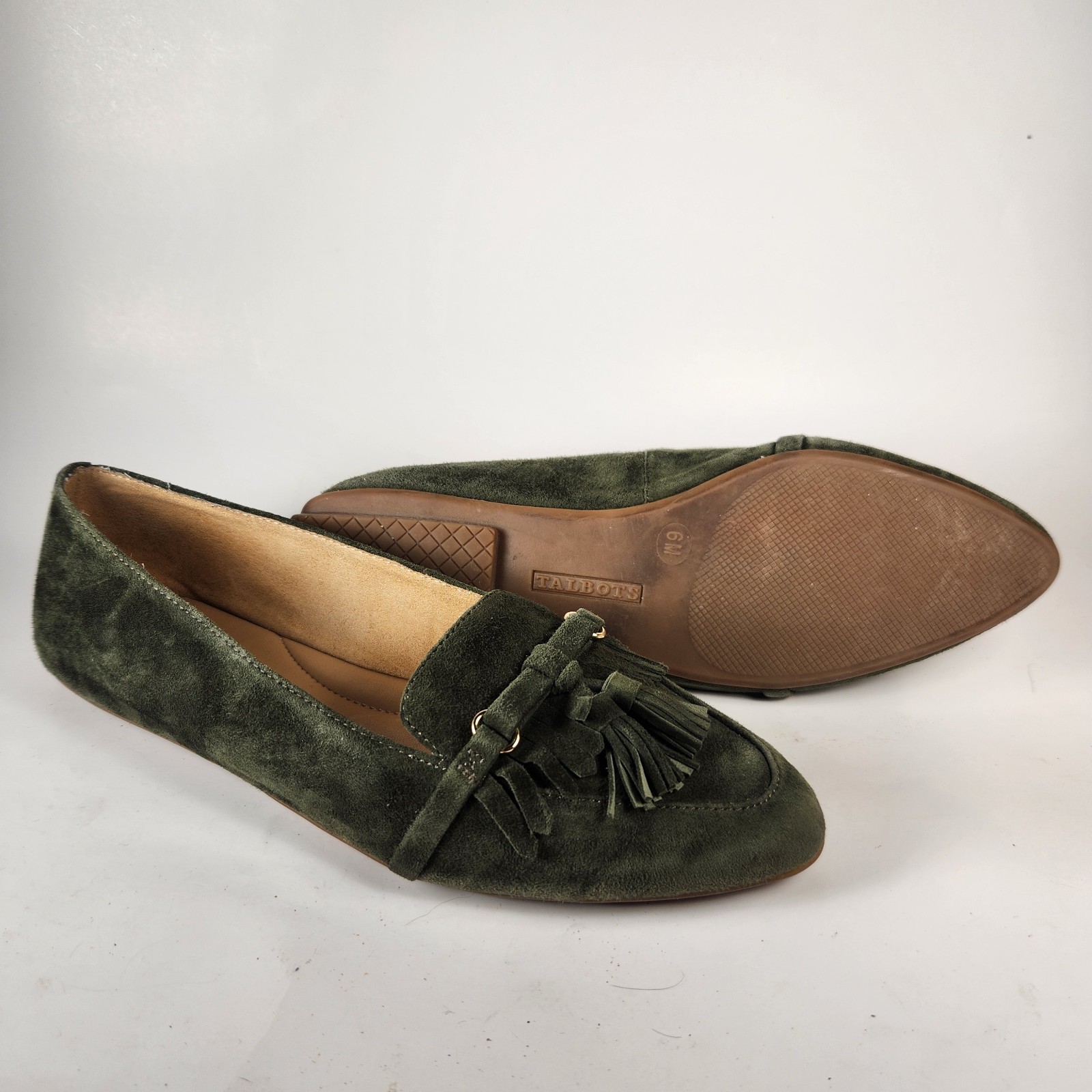 TALBOTS Women's Francesca Driving Flats Size 6 Green Suede Tassel Comfort Shoes