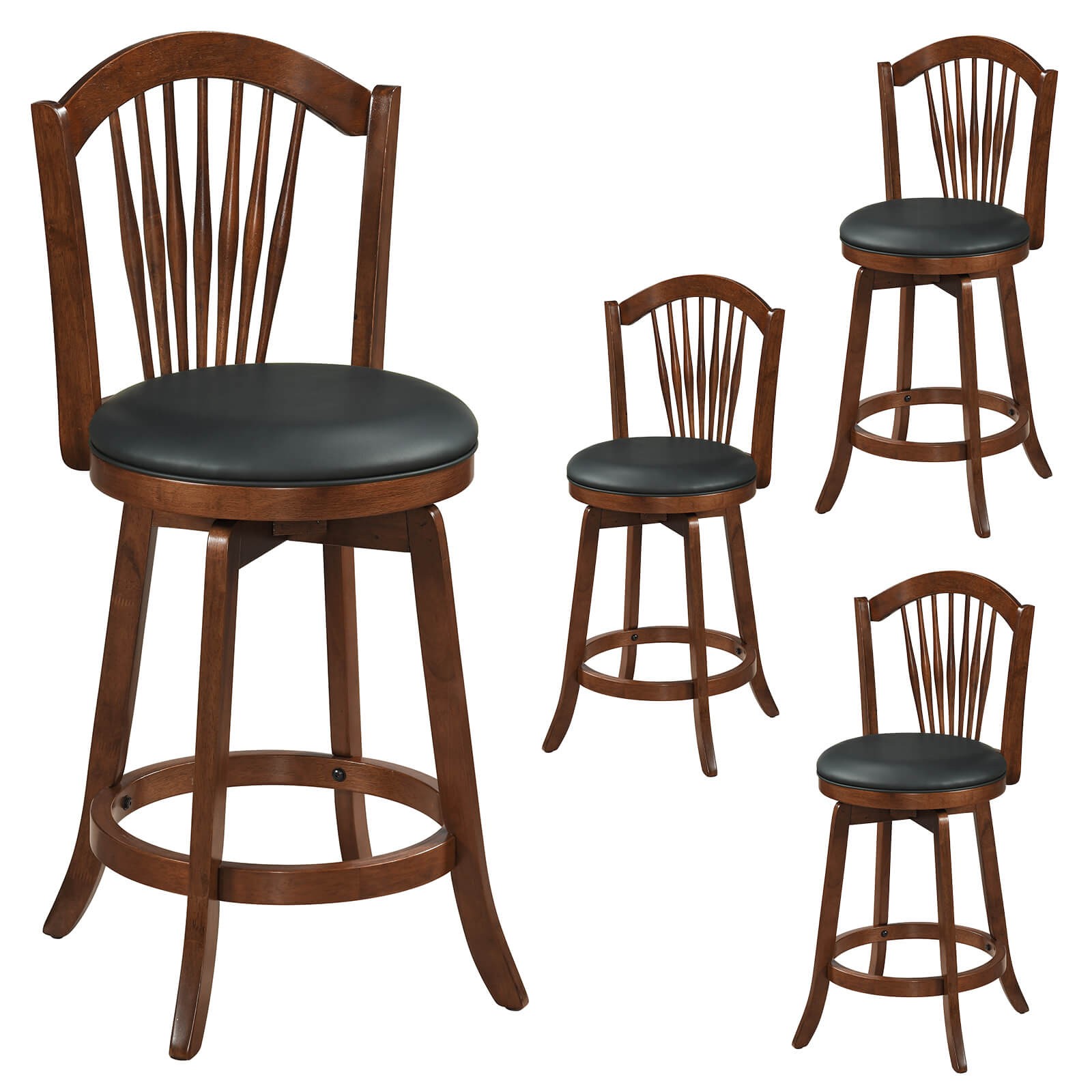 Swivel Bar Stools Set of 4, 25” Counter Height Barstools w/Backrests, Wood Frame
