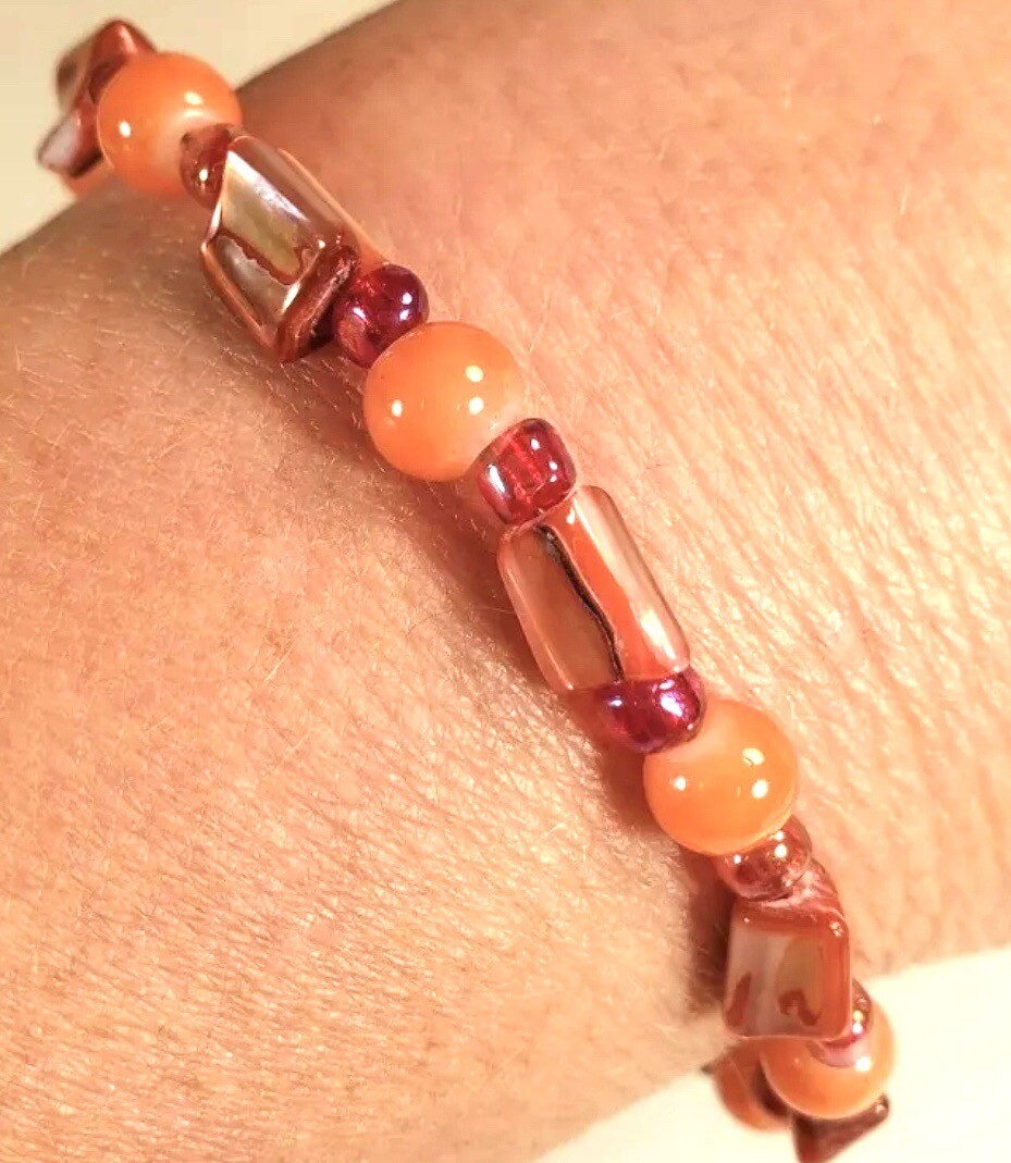 Beaded Shell & Glass Bracelet Red Orange Purple Glass Toggle Clasp Handmade
