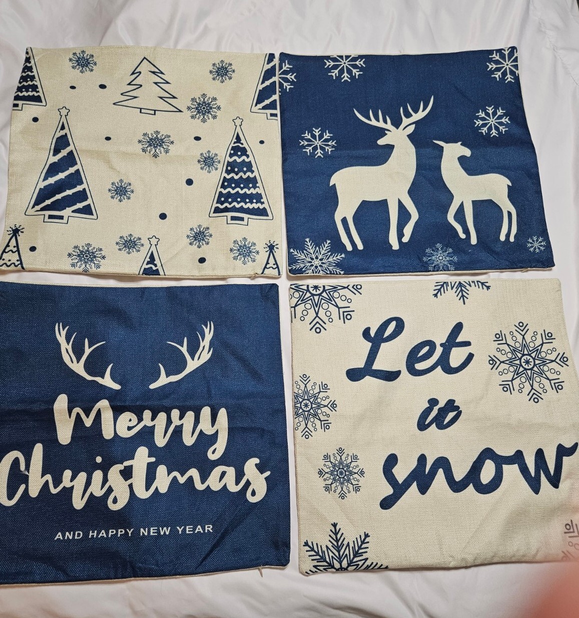 Set Of 4 Merry Christmas Reindeer Snow Blue White Pillow Covers 18" x 18" Cover