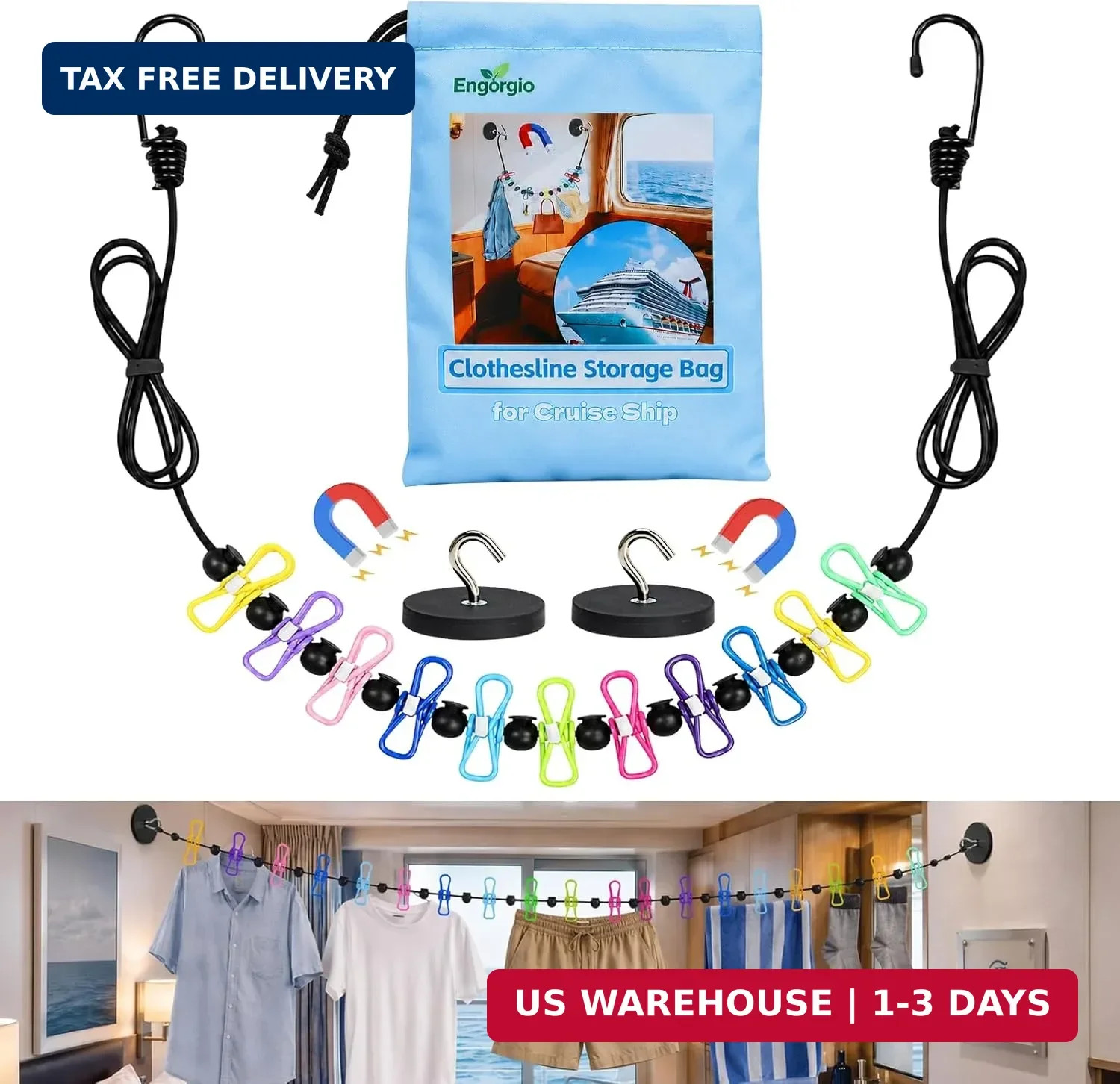 Magnetic Clothesline for Cruise Ship Cabin Approved - Portable Travel Clothes Li