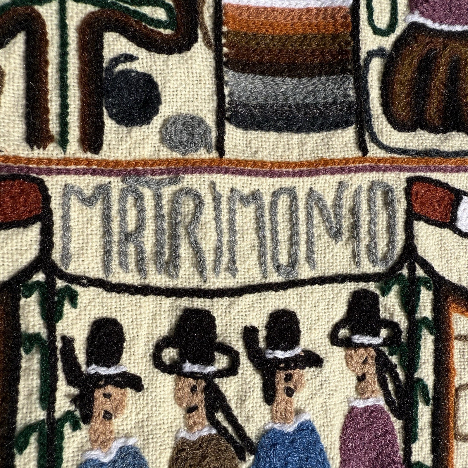 Vintage Folk Art Embroidery Peru "Matrimonio" 42”x23” Wall Hanging Wedding Gift