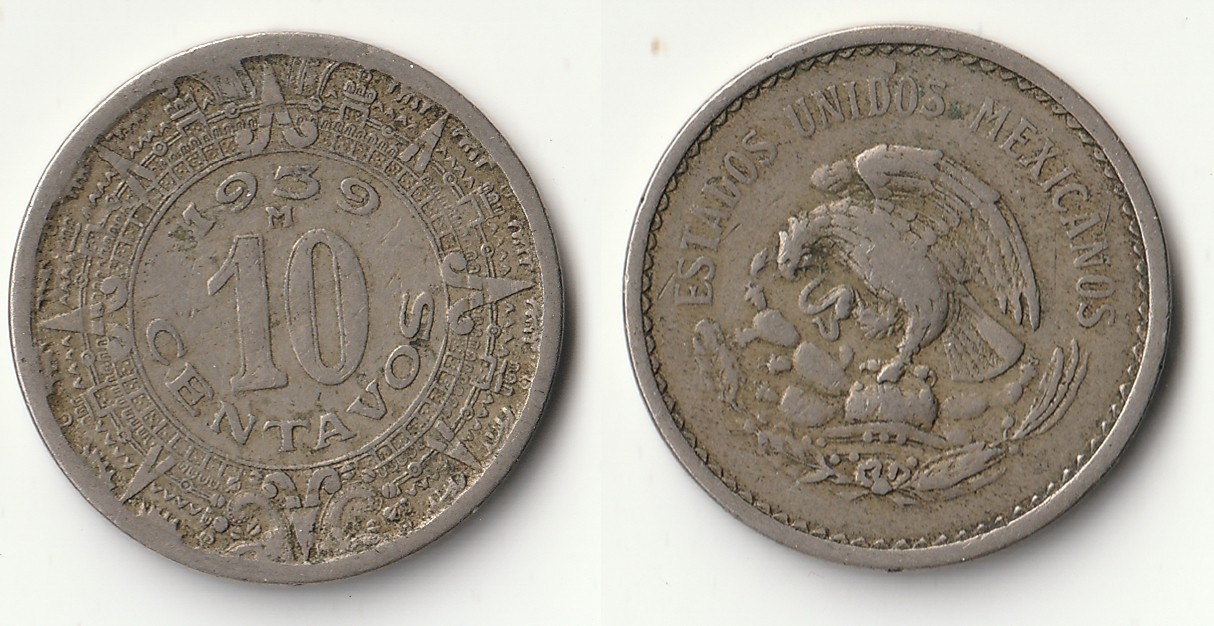 1939 Mexico 10 centavos coin