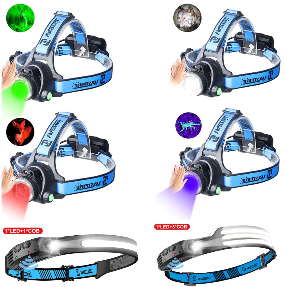 USB Rechargeable LED Headlamp Wave Sensor Work Light Bar Red/Green/White/UV Lamp
