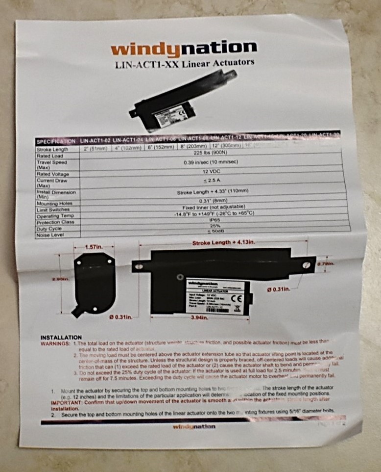 Windynation Linear Actuator Part # LIN-ACT 1-12