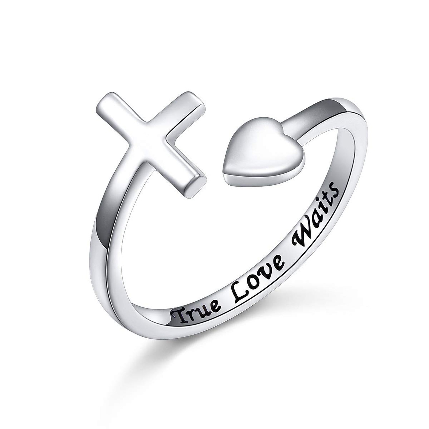 Sterling Silver True Love Waits Heart Cross Adjustable Wrap Open Ring for Wom...