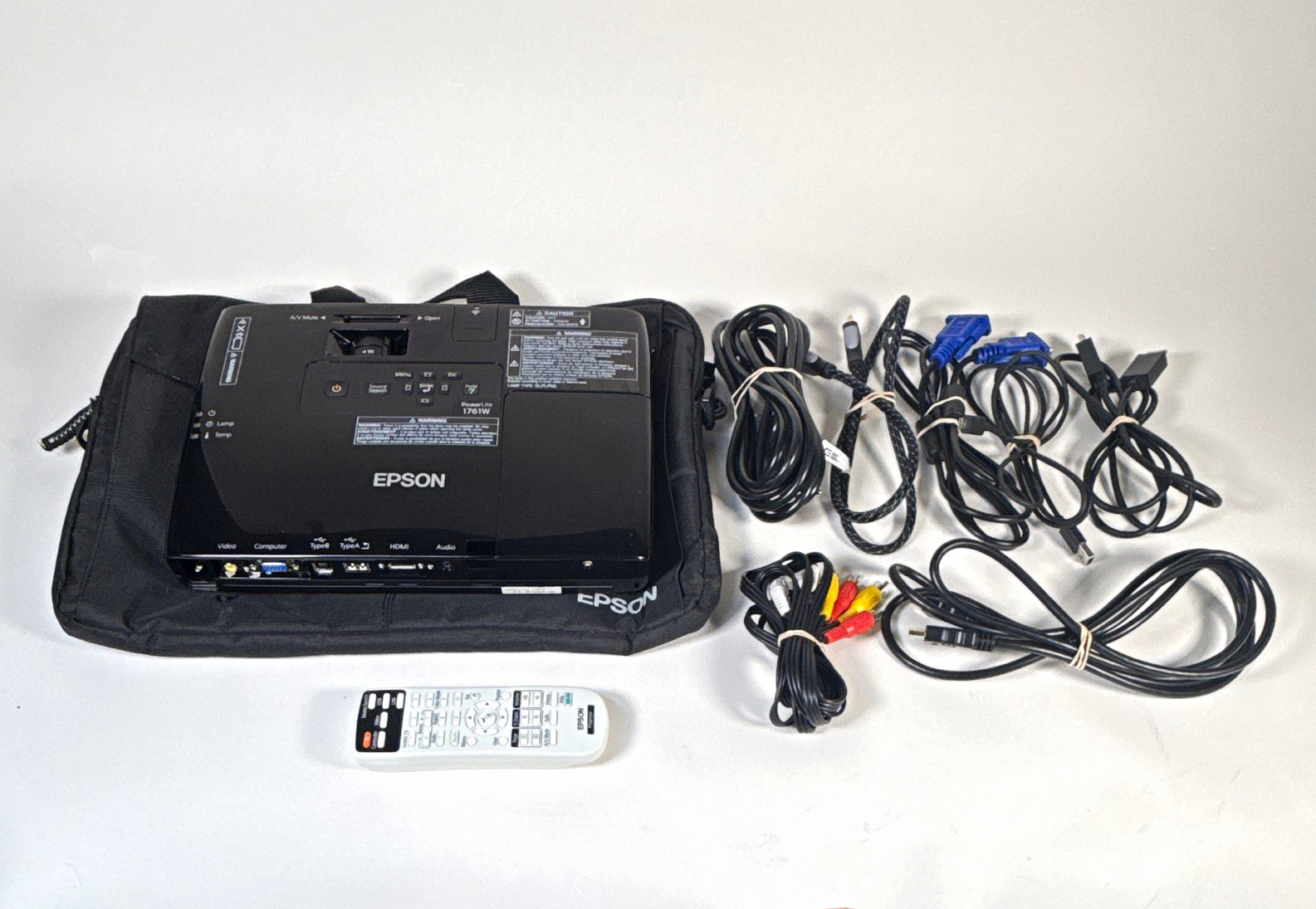 Epson PowerLite 1761W Projector WiFi 3LCD WXGA Remote Cables Case 26 Lamp Hours