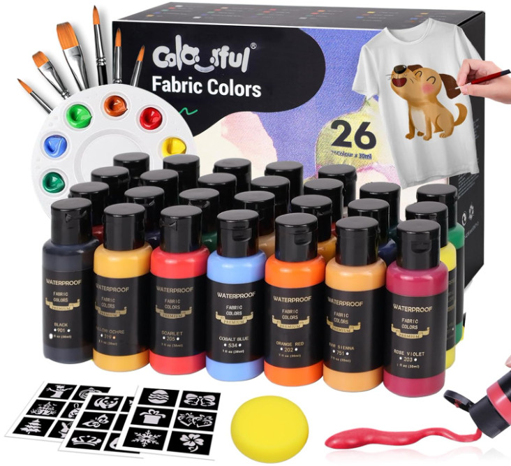 Pintura Textil Permanente 26 Colores con Pinceles para Ropa Zapatos Manualidades