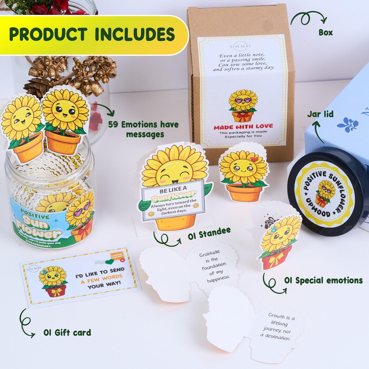 Positive Sunflower Jar – 60 Daily Affirmation Cards with
