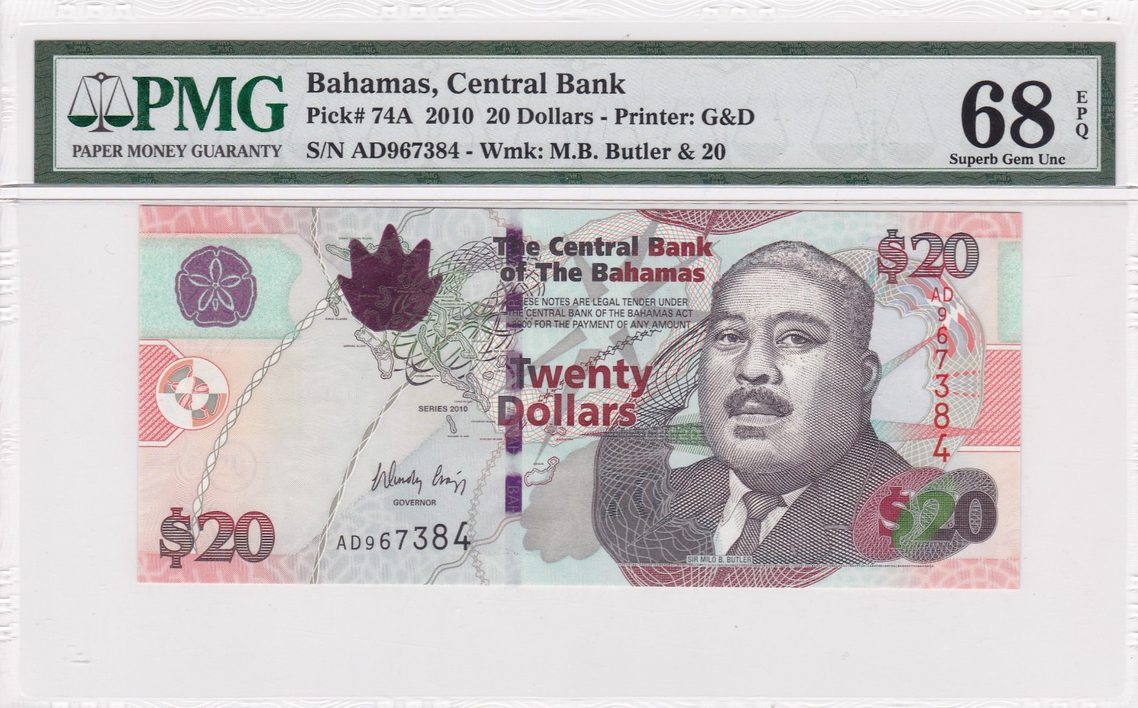 Bahamas 20 Dollars 2010 P-74A PMG 68 EPQ
