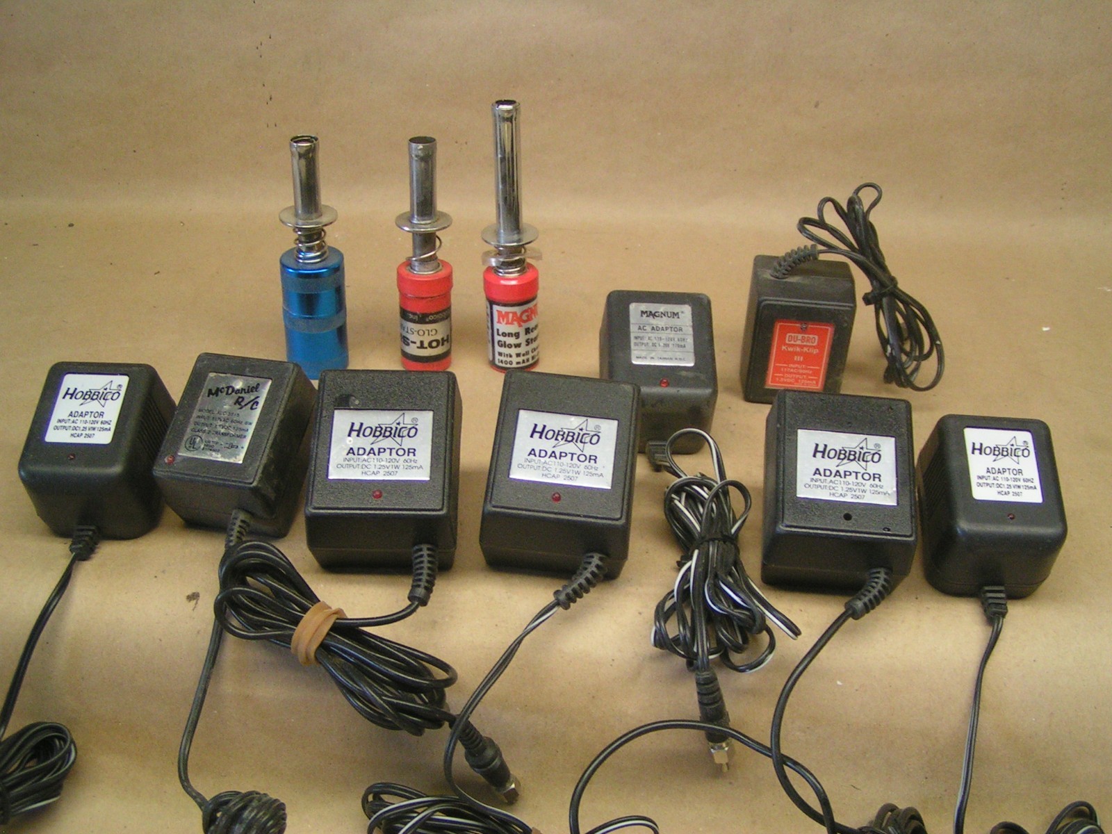 10 Piece GLOW starter parts, 7 AC Adaptors, 3 Glow starters, GREAT SHAPE