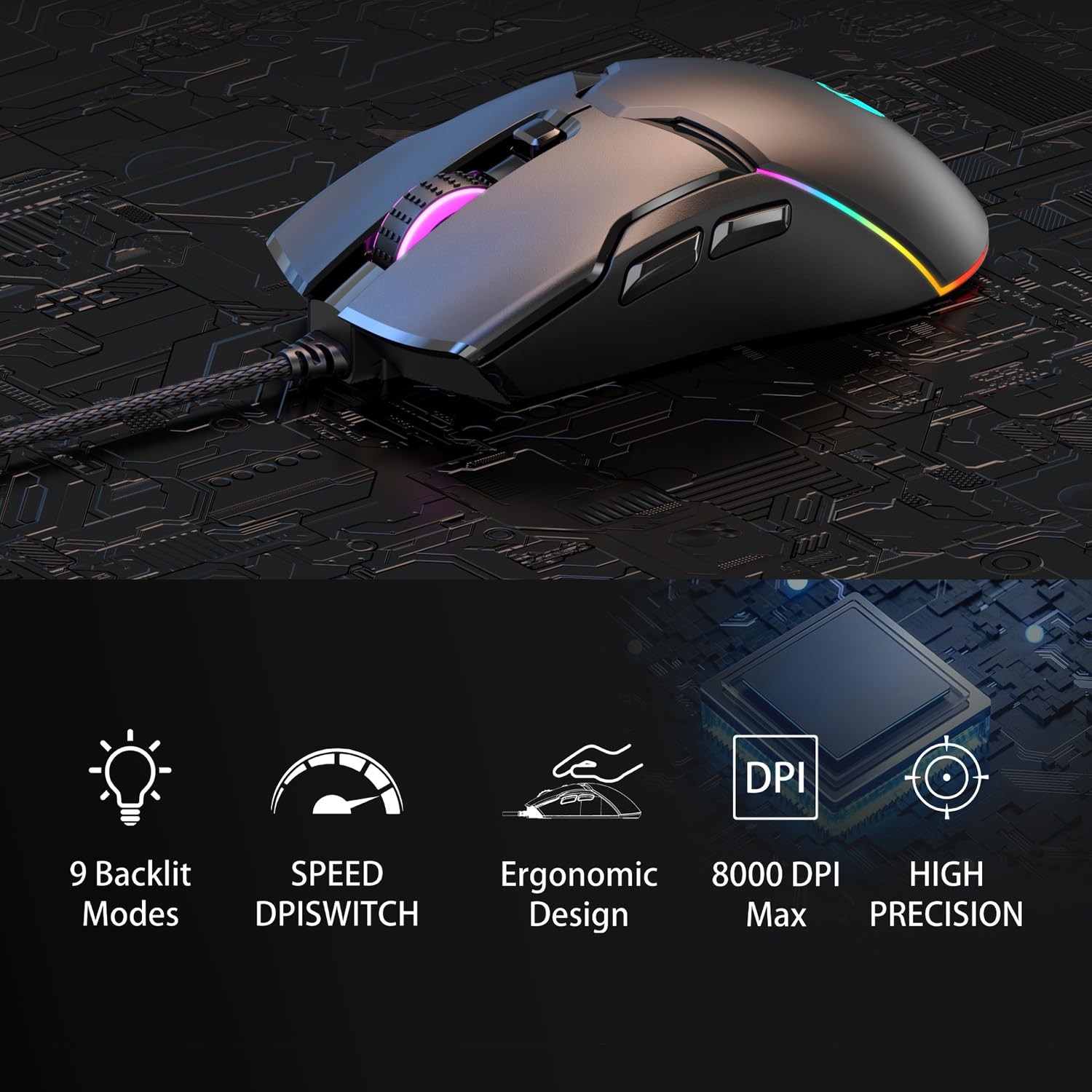 Wired Gaming MouseAll Keys are editable 12 Backlit Modes8000 DPI Wired Optica...