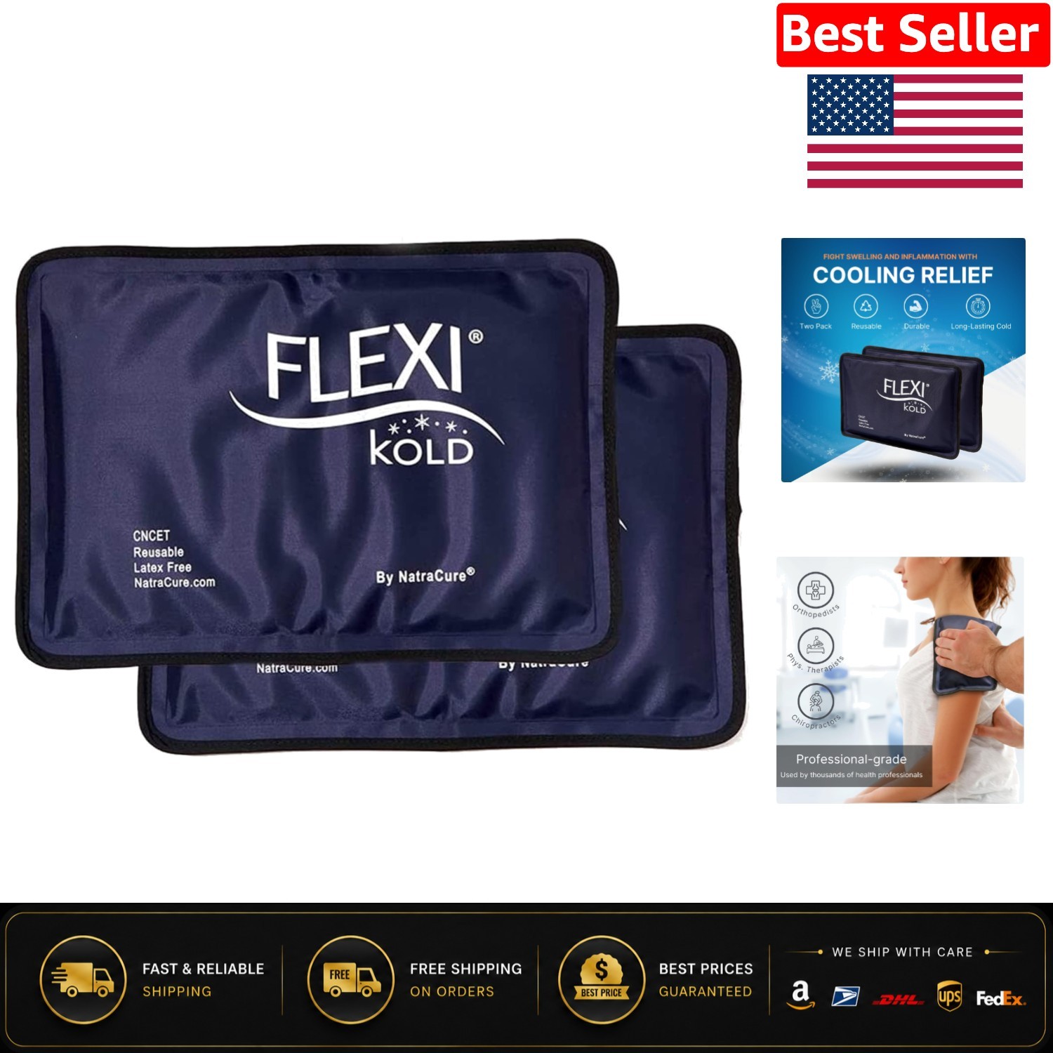 FlexiKold Gel Ice Pack - Reusable Cold Compress, Pain Relief - 7.5"x11", 2 pack