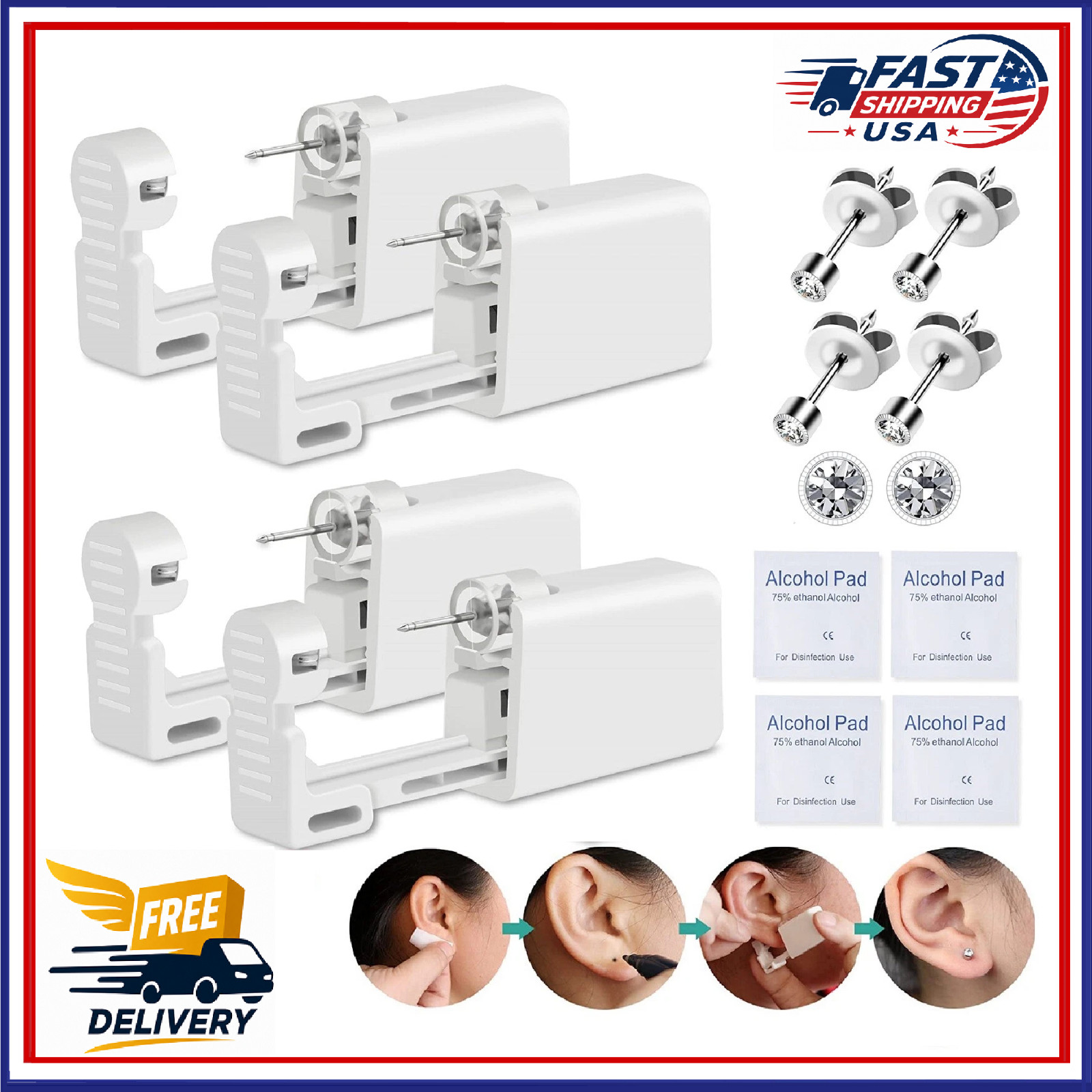 4× Ear Piercing Disposable Kit Silver Stud Earring Gun DIY Home Self Ear Sets US