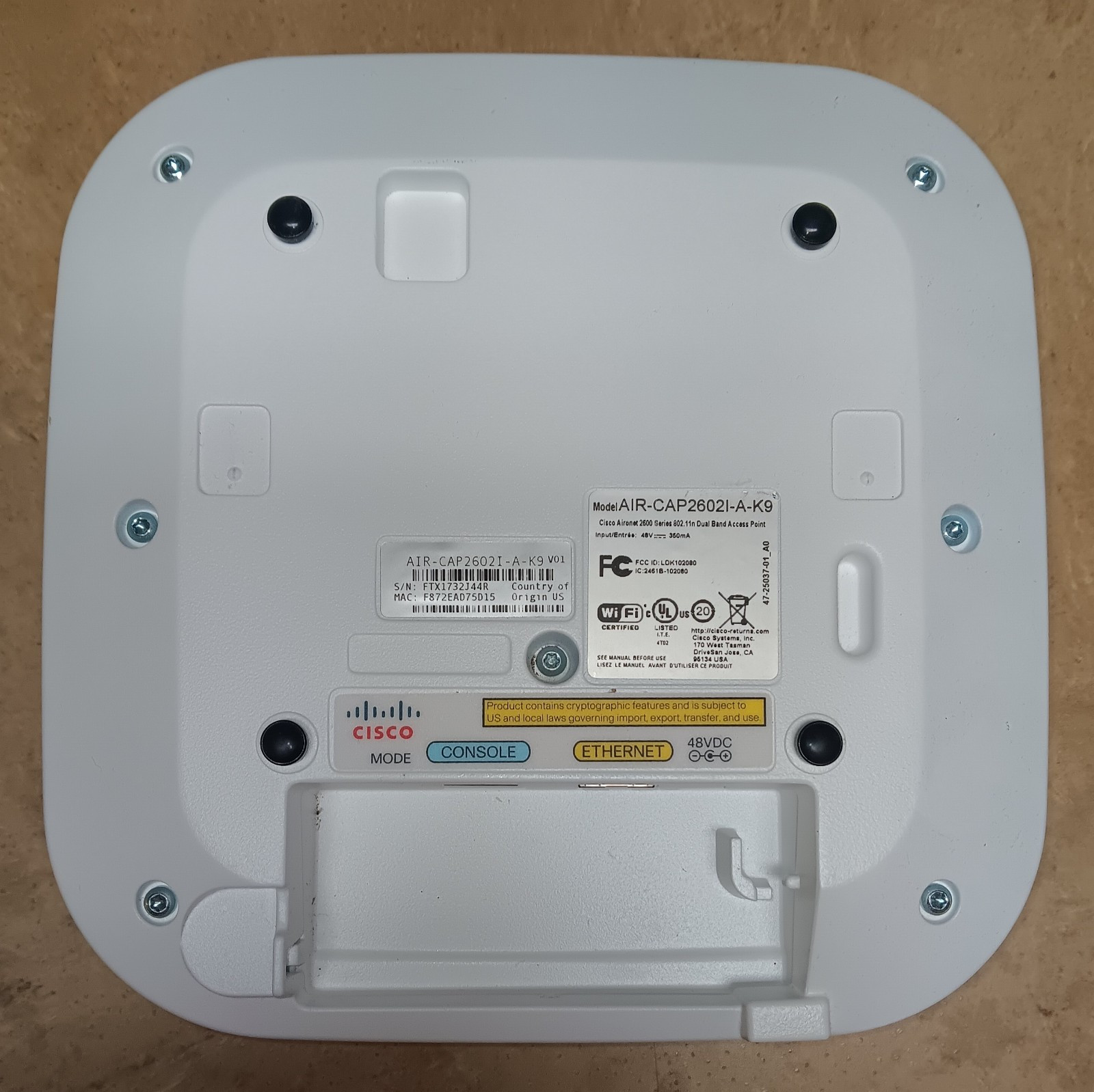 Cisco AIR-CAP2602I-A-K9, Wireless Access Points, 48VDC, 350mA - USED