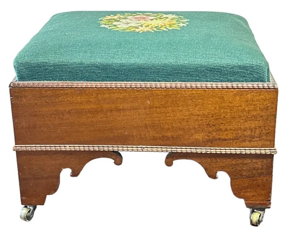 antique classical empire mahogany foot stool needlepoint 1840 bench