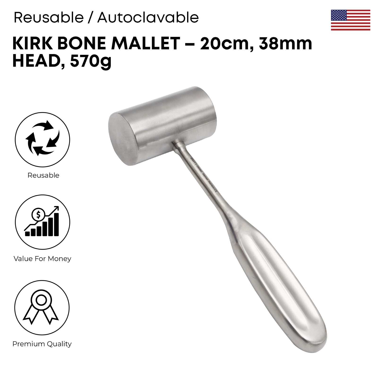 Kirk Bone Mallet 20cm 38mm Head 570g Premium Surgical Instruments