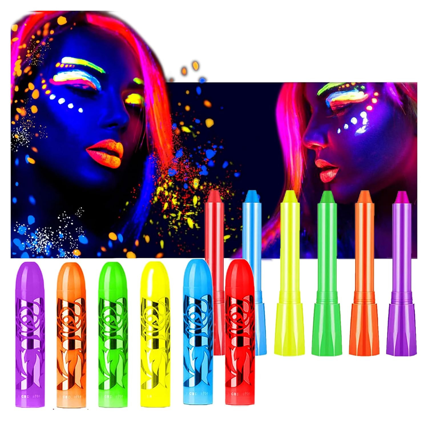 Glow in the Black Light Face Paint Crayons Kit, UV Black Light Makeup Neon Face