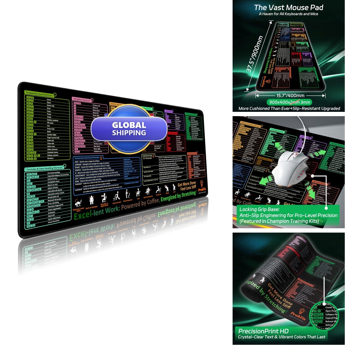 ProbTis Excel Cheat Sheet Desk Pad XXL 35.4"x15.7" Mousepad Non-Slip Stitched