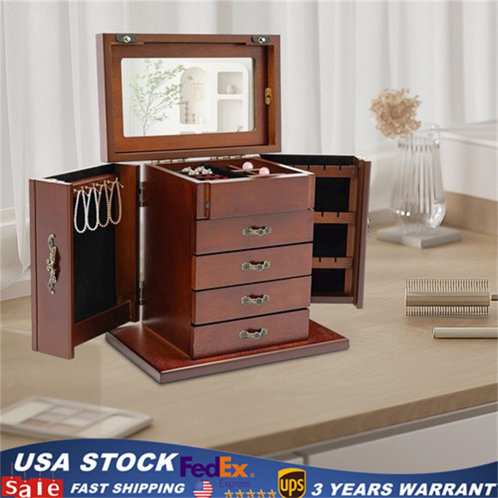 Vintage Desktop Wood 4 Drawers Jewelry Storage Box Dresser Watch Rings Organizer