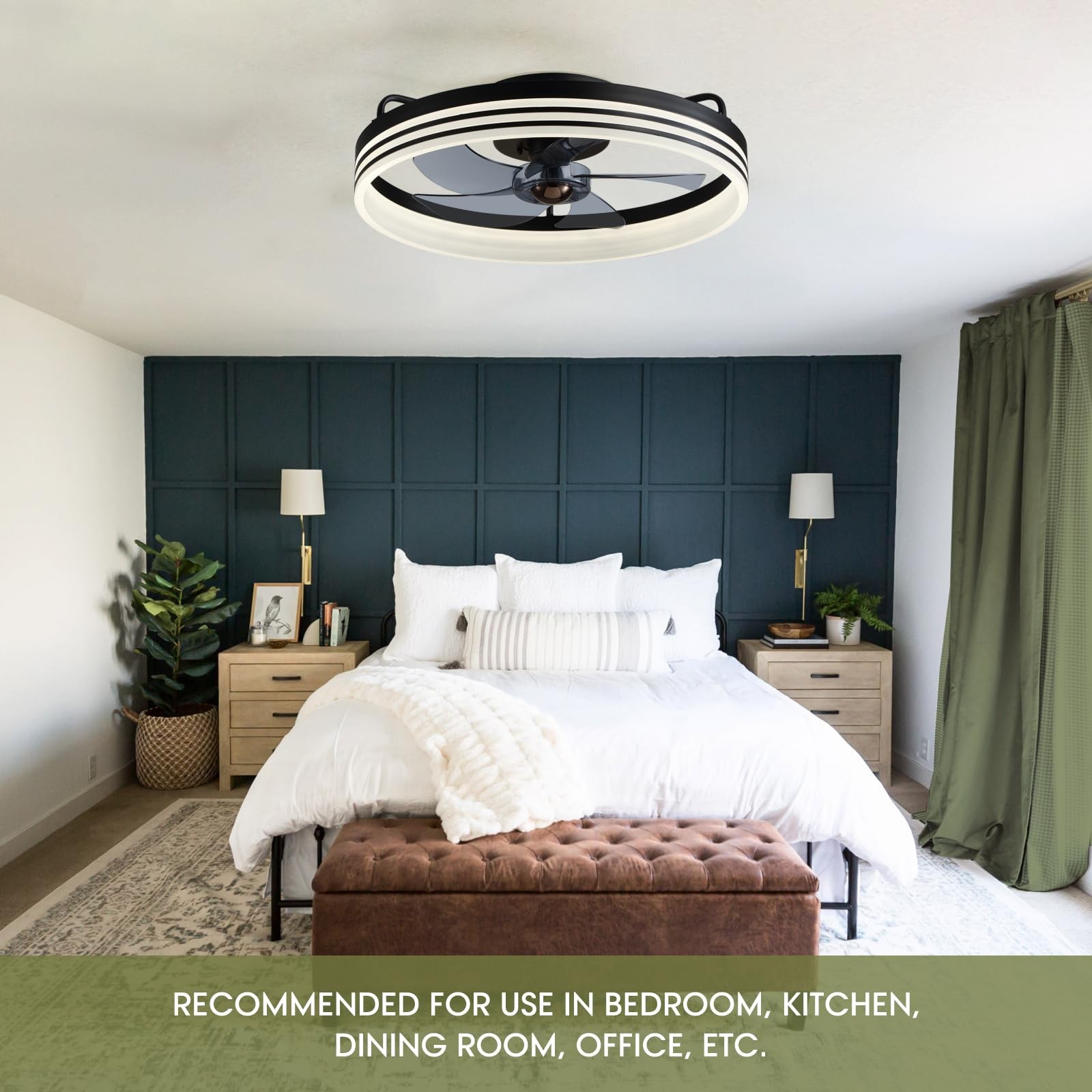 Ceiling Fan with Light, Flush Mounted Ceiling Fan with Lights, 6 Wind Speeds ...