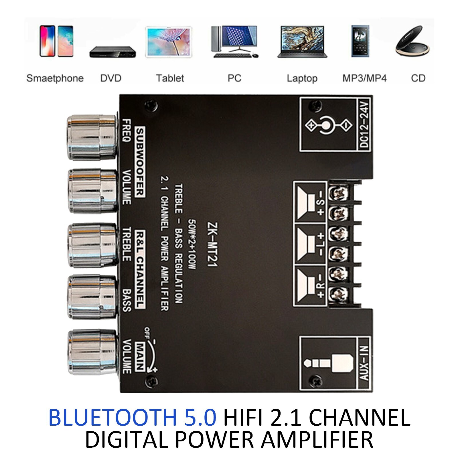 HiFi 2.1 Channel Bluetooth 5.0 Digital Power Amplifier Subwoofer Audio  Boardkc