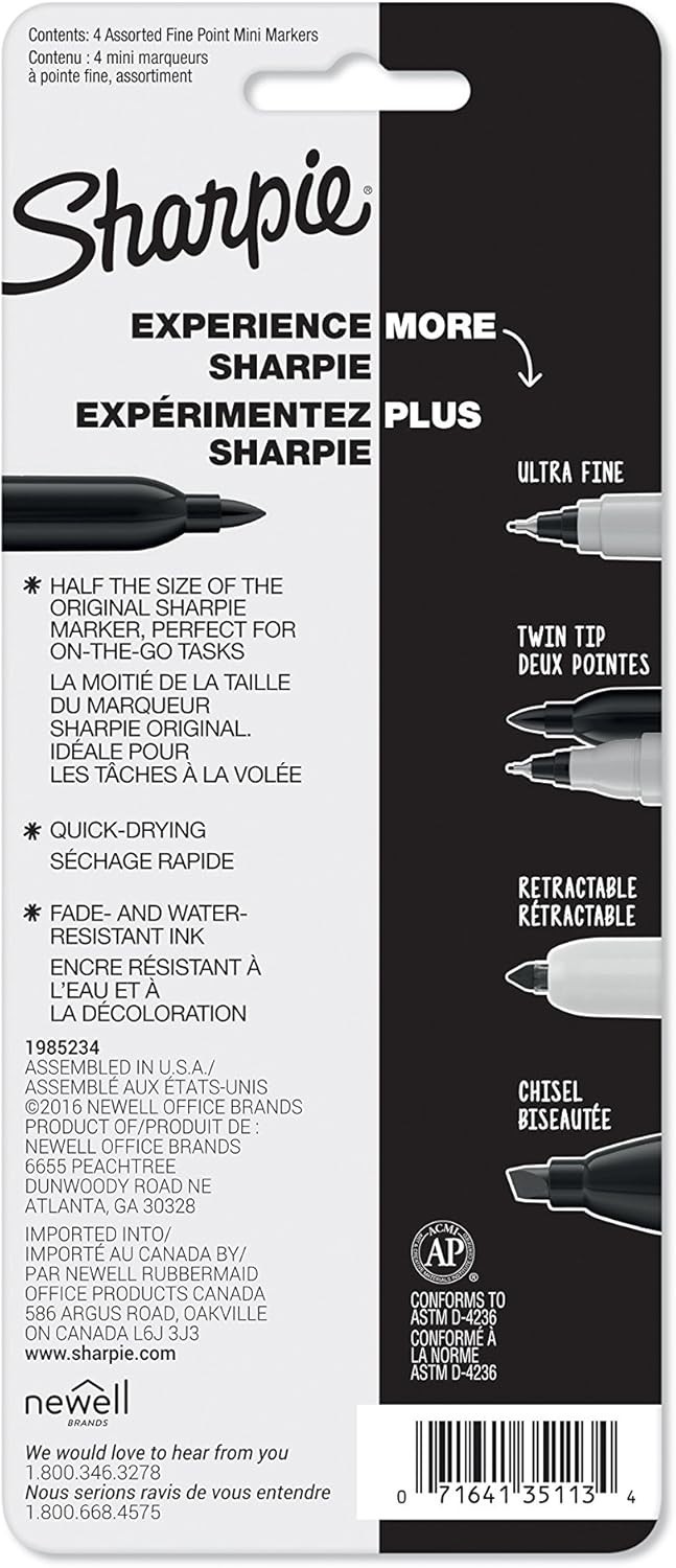 Sharpie Mini Permanent Markers Fine Point Assorted Colors 4 Pack