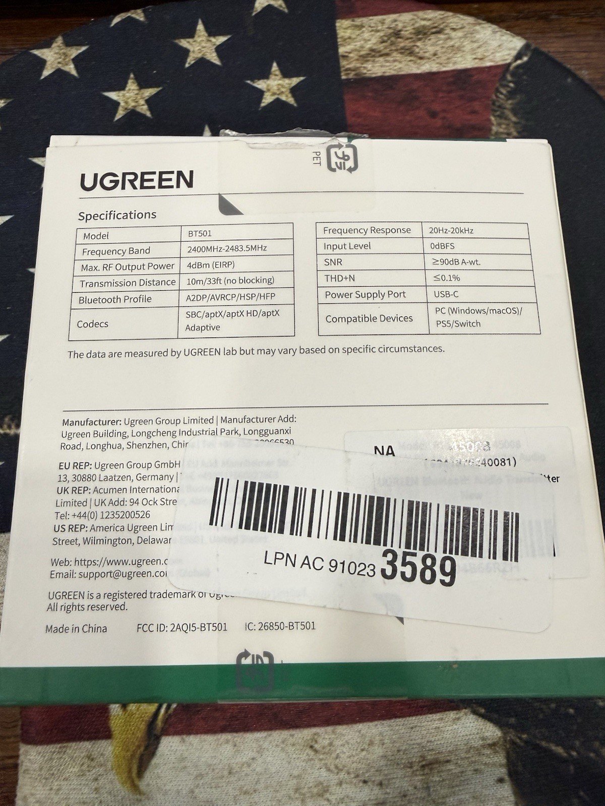 UGREEN USB-C BLUETOOTH ADAPTER TRANMITTER MODEL BT501