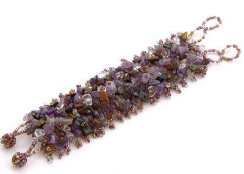 Artisan Made Wide Glass Beaded Amethyst Tiger'S Eye Quartz Gem Bracelet*7"