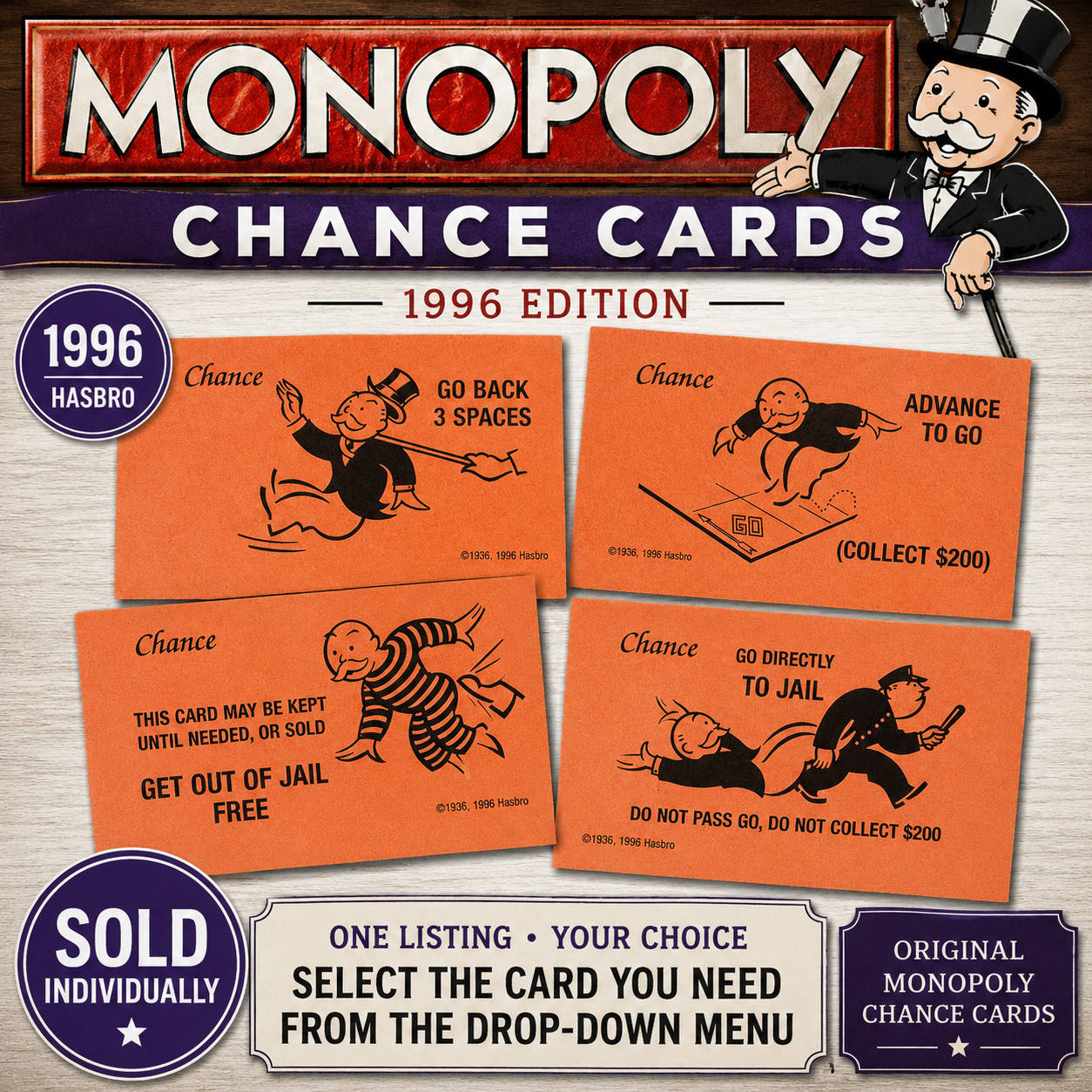 1996 Monopoly Chance Cards Replacement Hasbro Original Choose Your Card