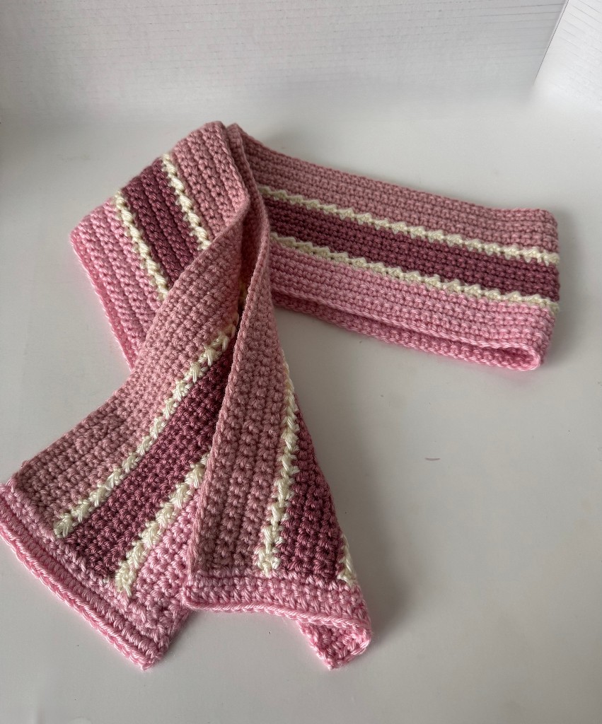 Handmade Pink Striped Crochet Scarf 55" x 5" 100% Acrylic -NEW