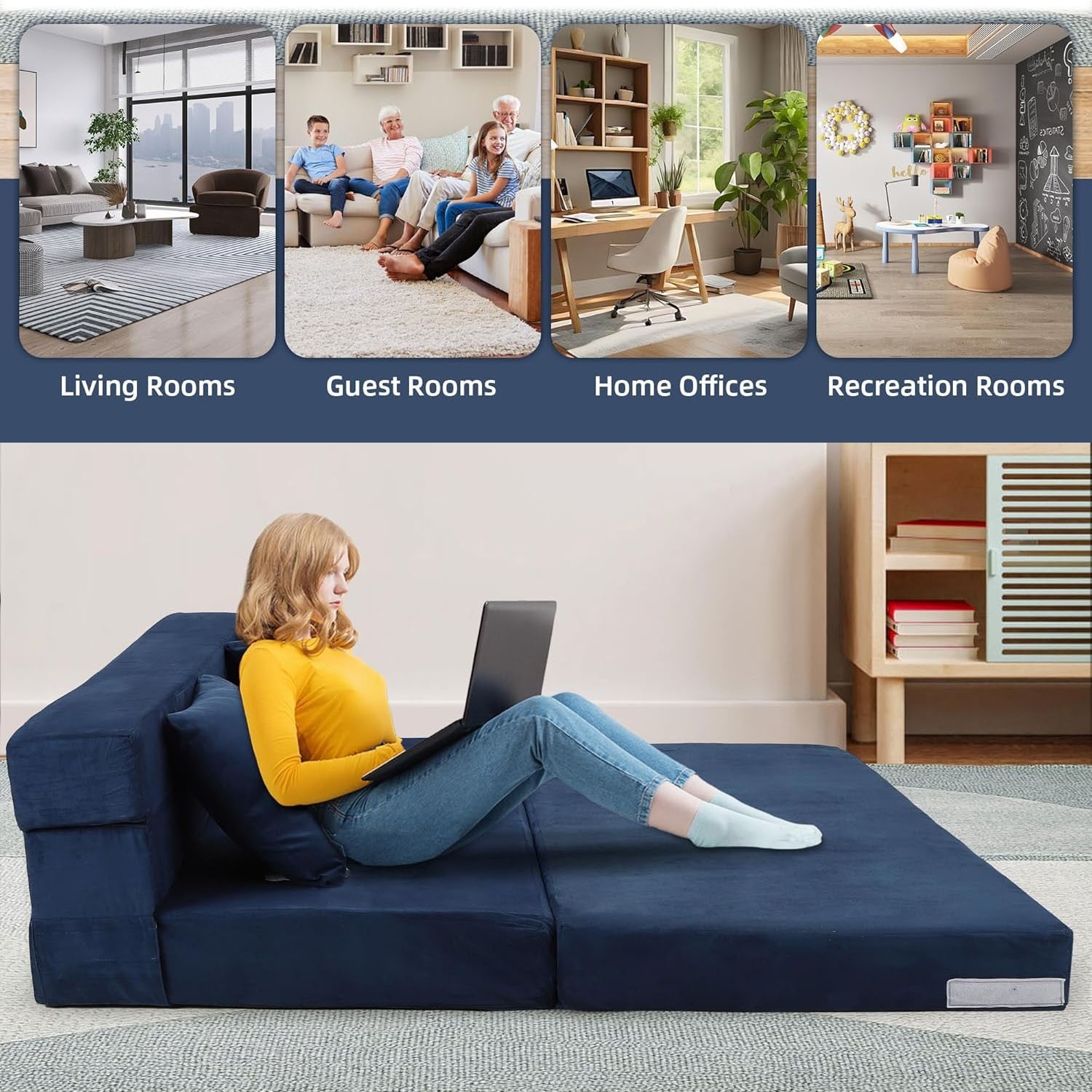 Queen Size Folding Sofa Bed Convertible Floor Futon Bed Mattresses w/ 2 Pillows