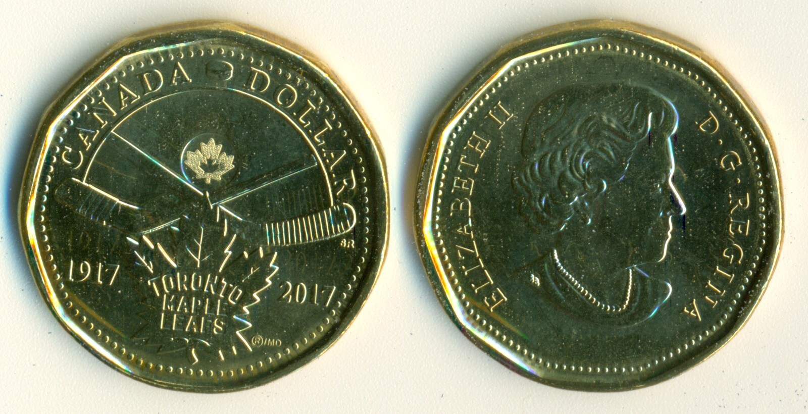 2017 Canada $1 Dollar Coin, Toronto Maple Leaf Hockey Centennial QEII