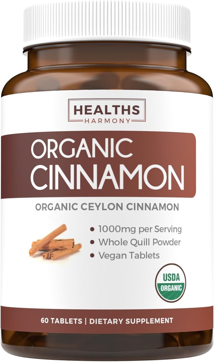 Health's Harmony USDA Organic Ceylon Cinnamon (60 Tablets) 1000mg Cinnamon