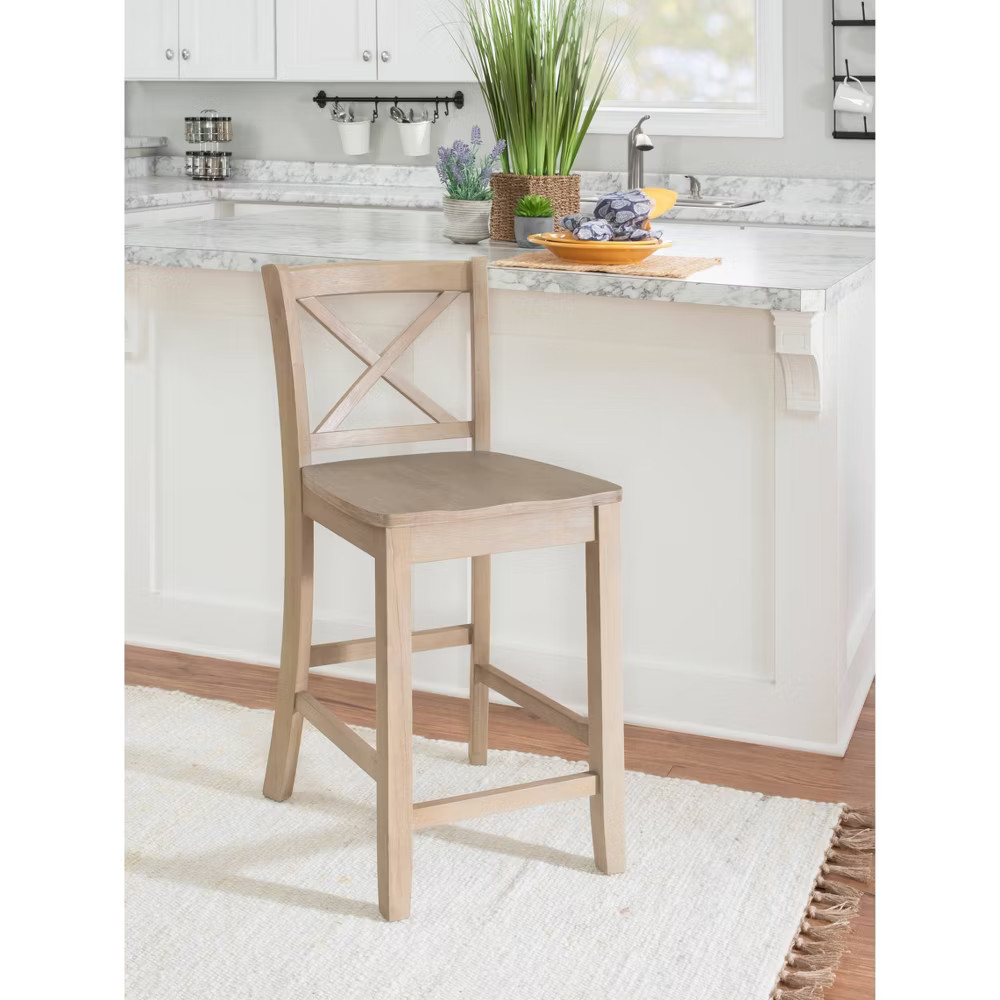24" Torino Solid Wood Traditional X-Back Counter Height Barstools Gray Wash -