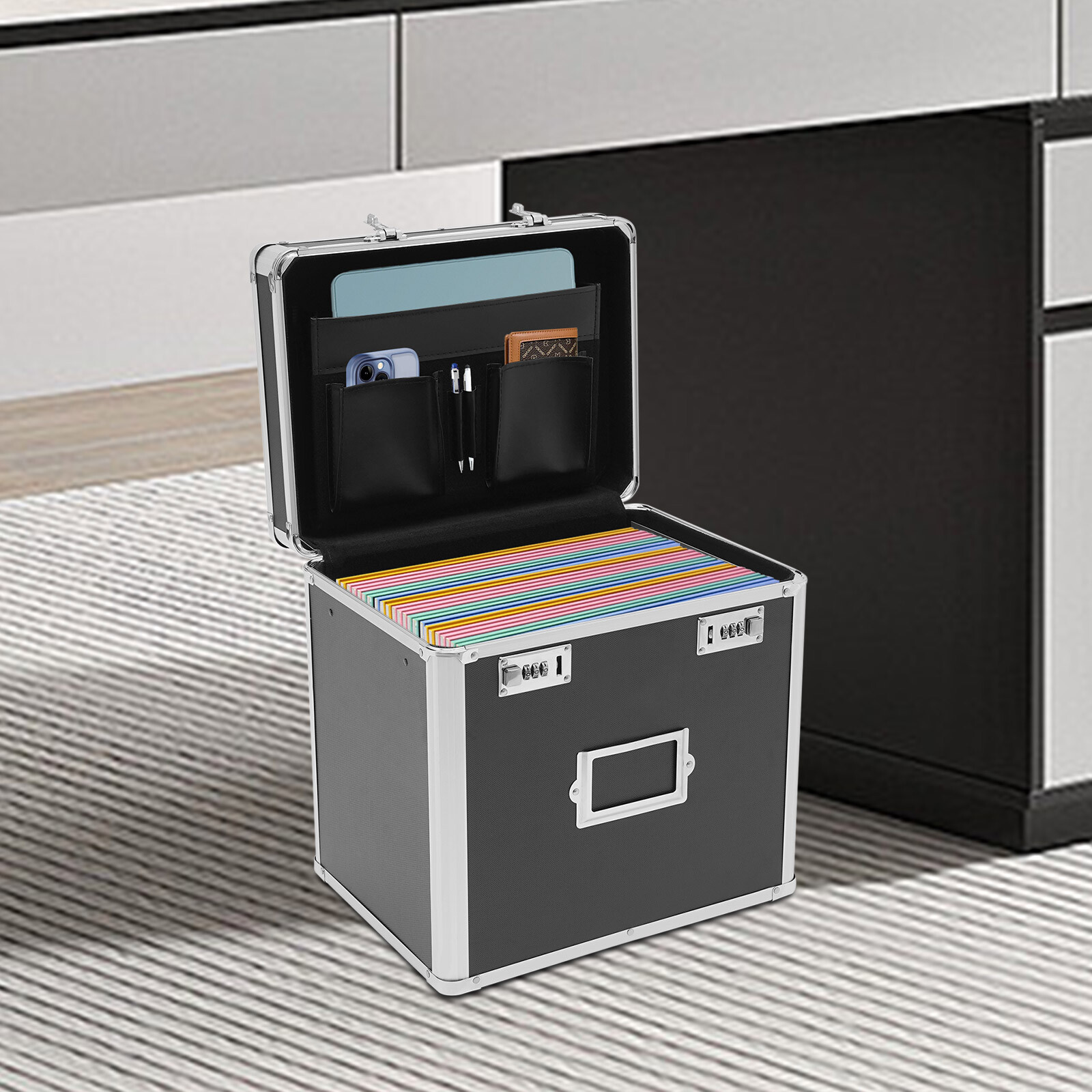 Large, Portable Locking Storage Box for Filing Letters & Documents w/Lock Black