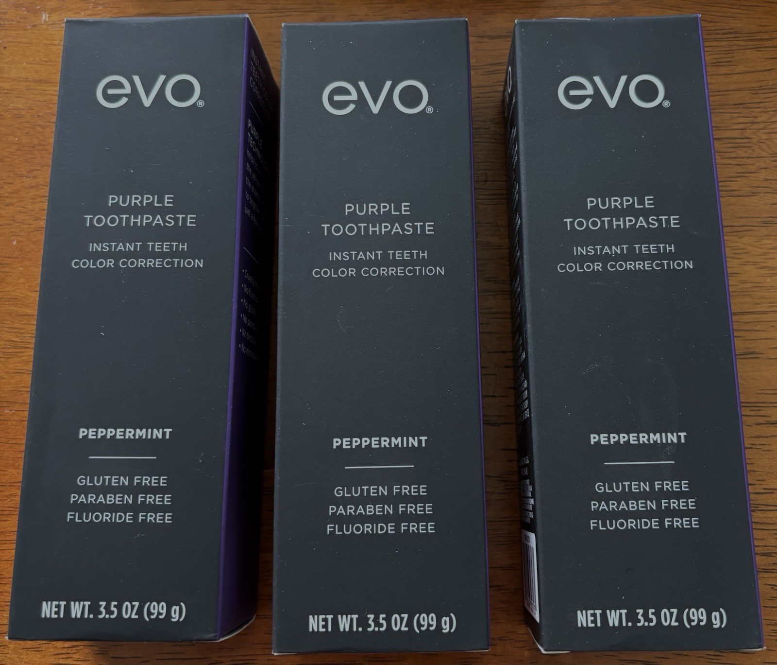 3 tubes of EVO Purple Toothpaste, instant teeth color correction, 3.5oz FREE S+H