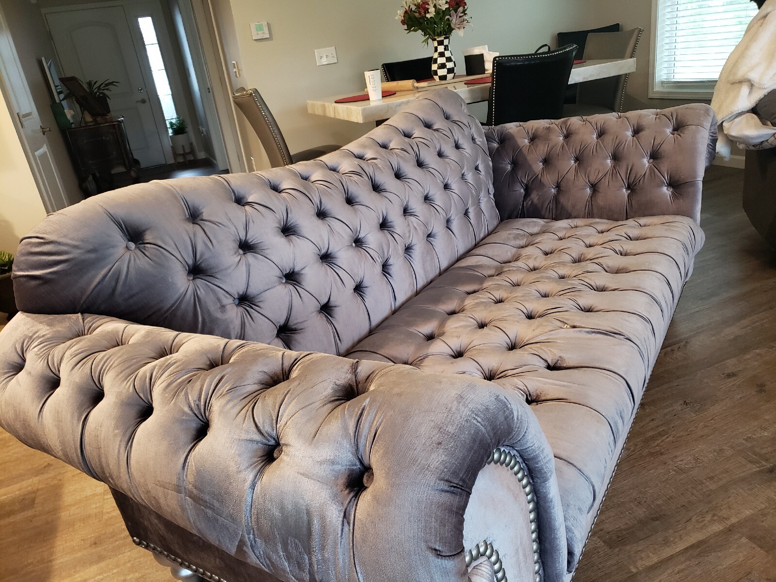 gray velvet tufted sofa And Matching Chair
