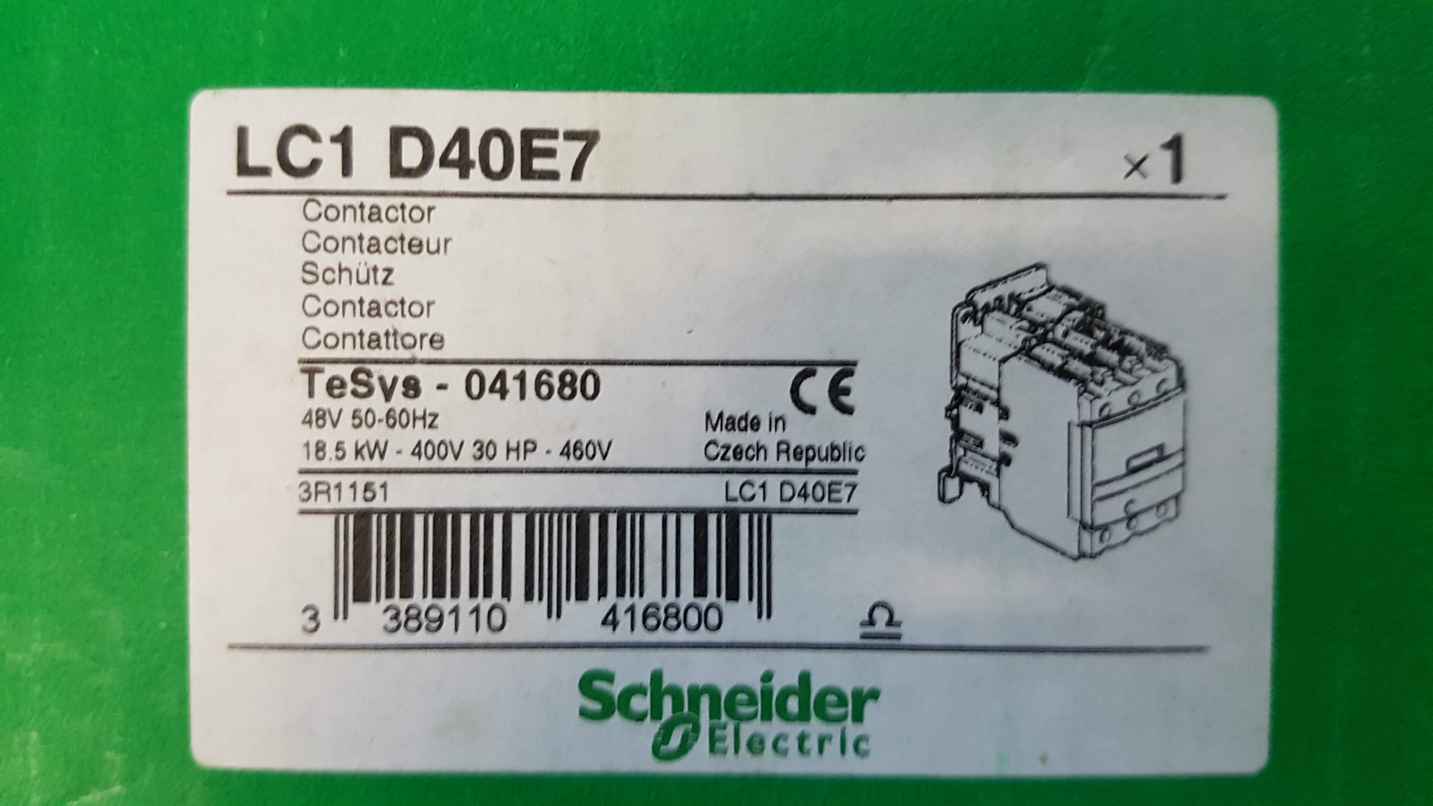 Schneider TeSys LC1 D40E7 3 Pole Contactor, 40 A, 18.5 kW, 48 V ac Coil