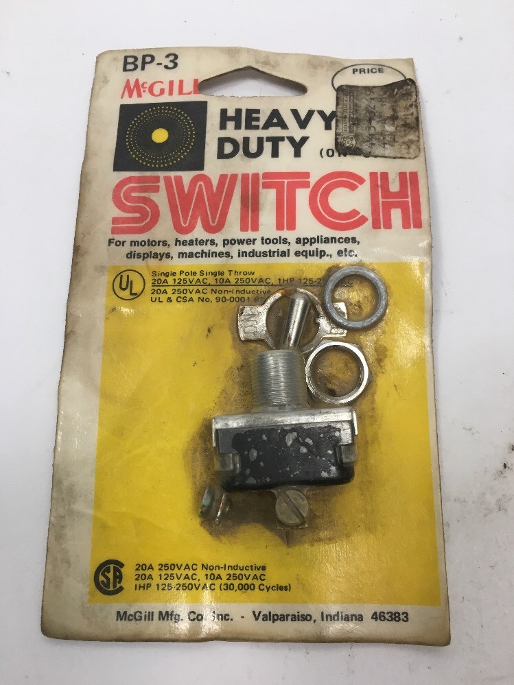 SWITCH Toggle On/Off 2-Screw  20amp Heavy Duty McGill BP-3