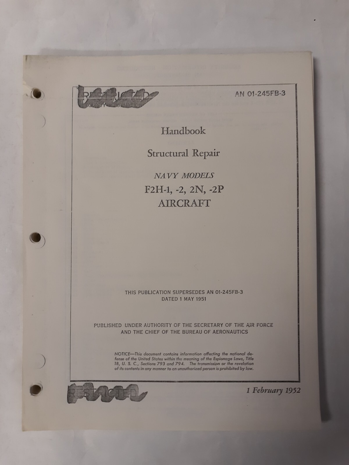 McDonnell Douglas F2H-1-2-2N-2P Aircraft Structural Repair 1952 Copy