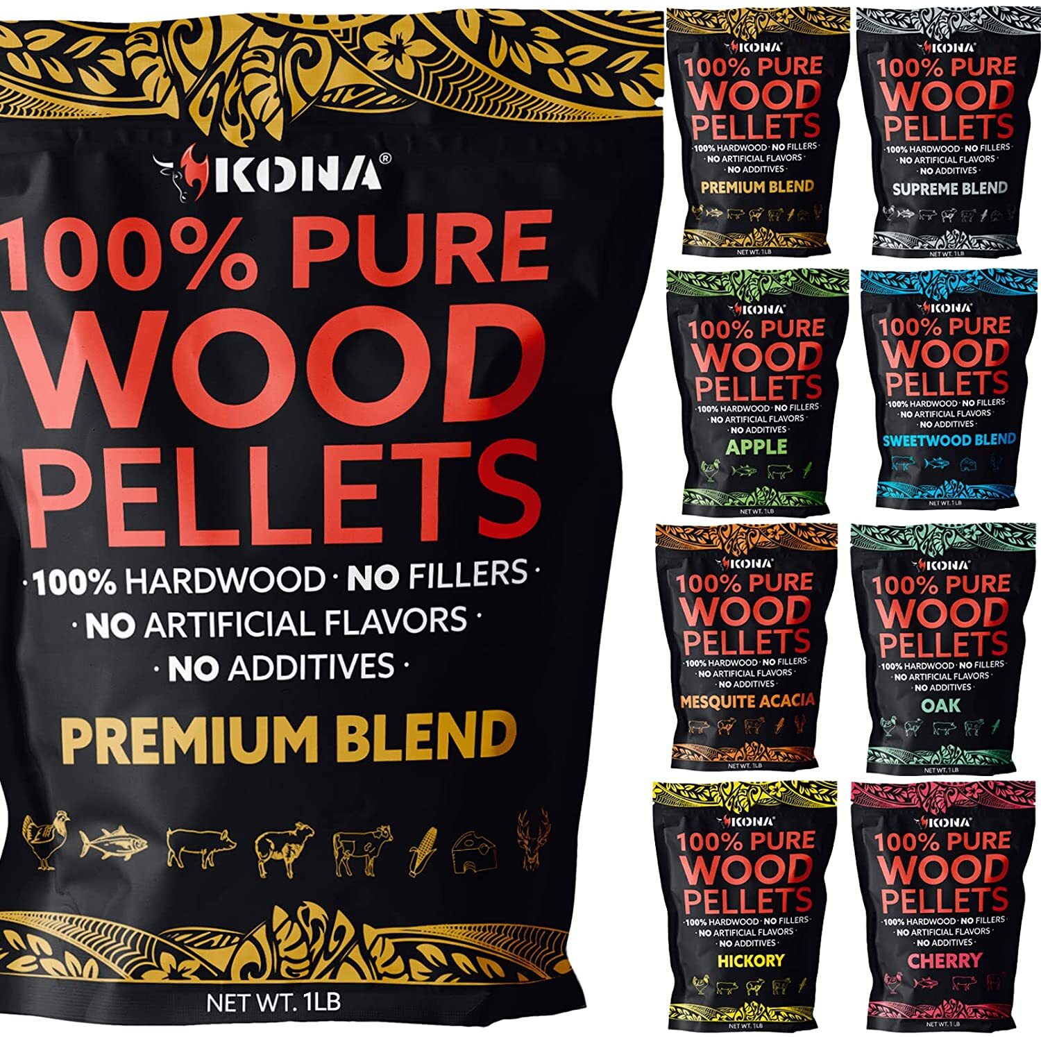 Kona Wood Pellets Variety Pack - (8) 1 lb Resealable Bags - Premium 100% Wood